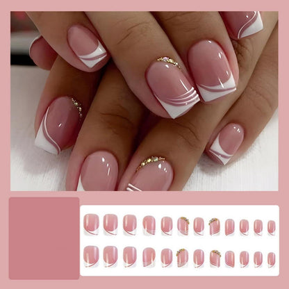 24 Stück Wavy Eckig Nägel Aufkleben Strass Glossy French Square Nägel
