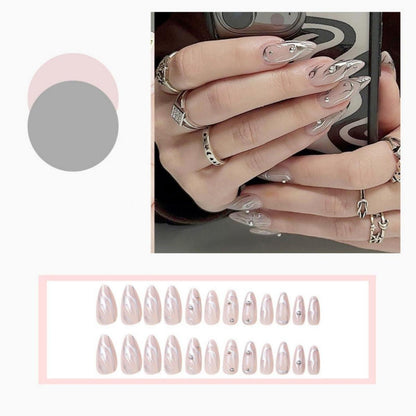 24 Stück Silber Swirl Mandel Nägel Glossy Pink Oval Kurz