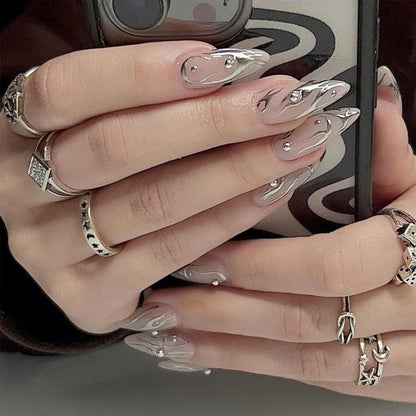 24 Stück Silber Swirl Mandel Nägel Aufkleben Kurz Oval Design Pink
