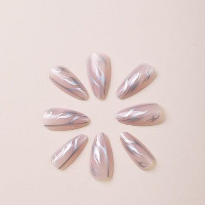 24 Kurze Silber Swirl Mandel Nägel Zum Aufkleben - Glossy Pink Design