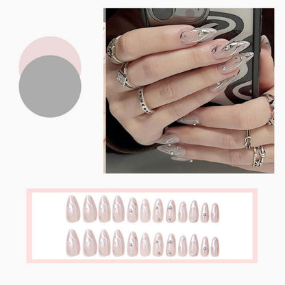 24 Stück Silber Swirl Mandel Nägel Kurz Perlen Design Glossy Pink Oval Fake