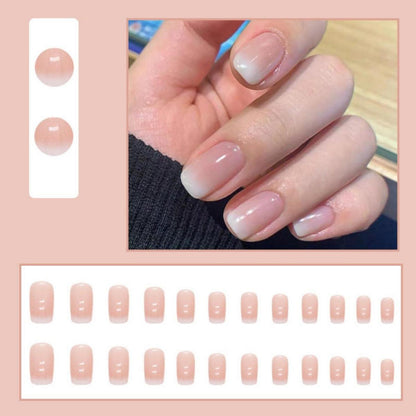 24er Set Gradient Eckig Nägel Aufkleben Kurz Nude Weiß Glossy Fake Nails