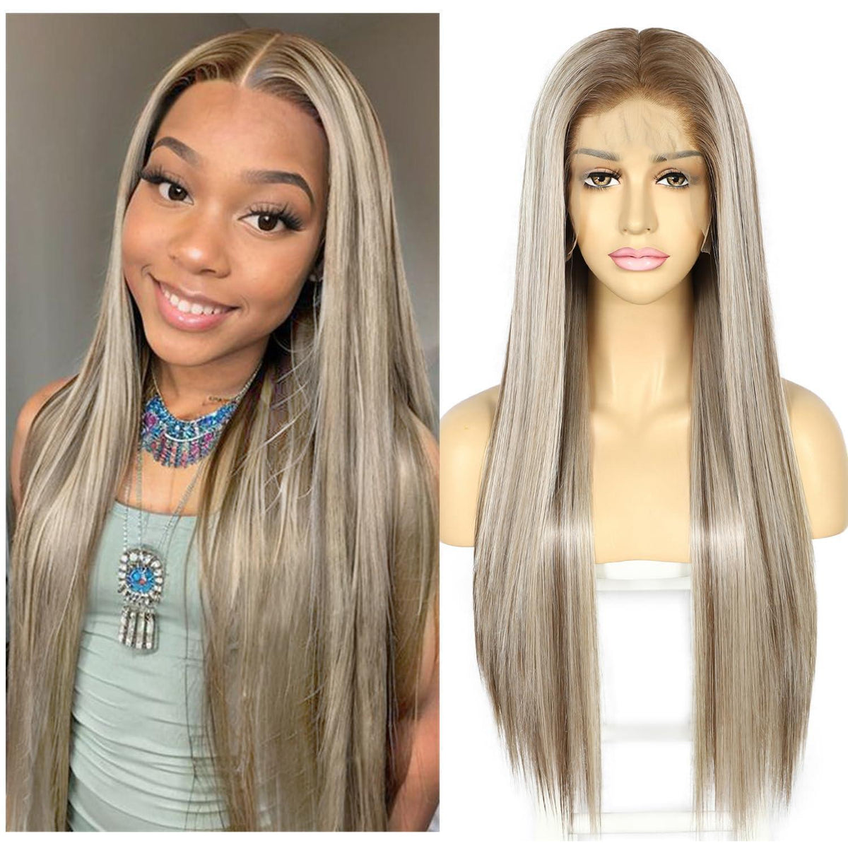 Blond Lange Gerade Perücke 13x6 Lace Front Synthetik 26 Zoll