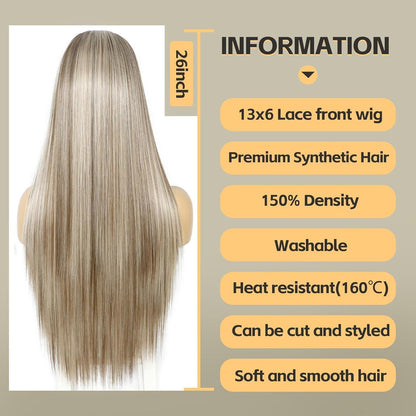 Blond Lange Gerade Perücke 13x6 Lace Front Synthetik 26 Zoll