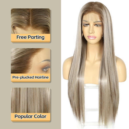 Blond Lange Gerade Perücke 13x6 Lace Front Synthetik 26 Zoll