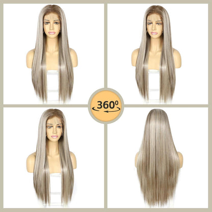 Blond Lange Gerade Perücke 13x6 Lace Front Synthetik 26 Zoll