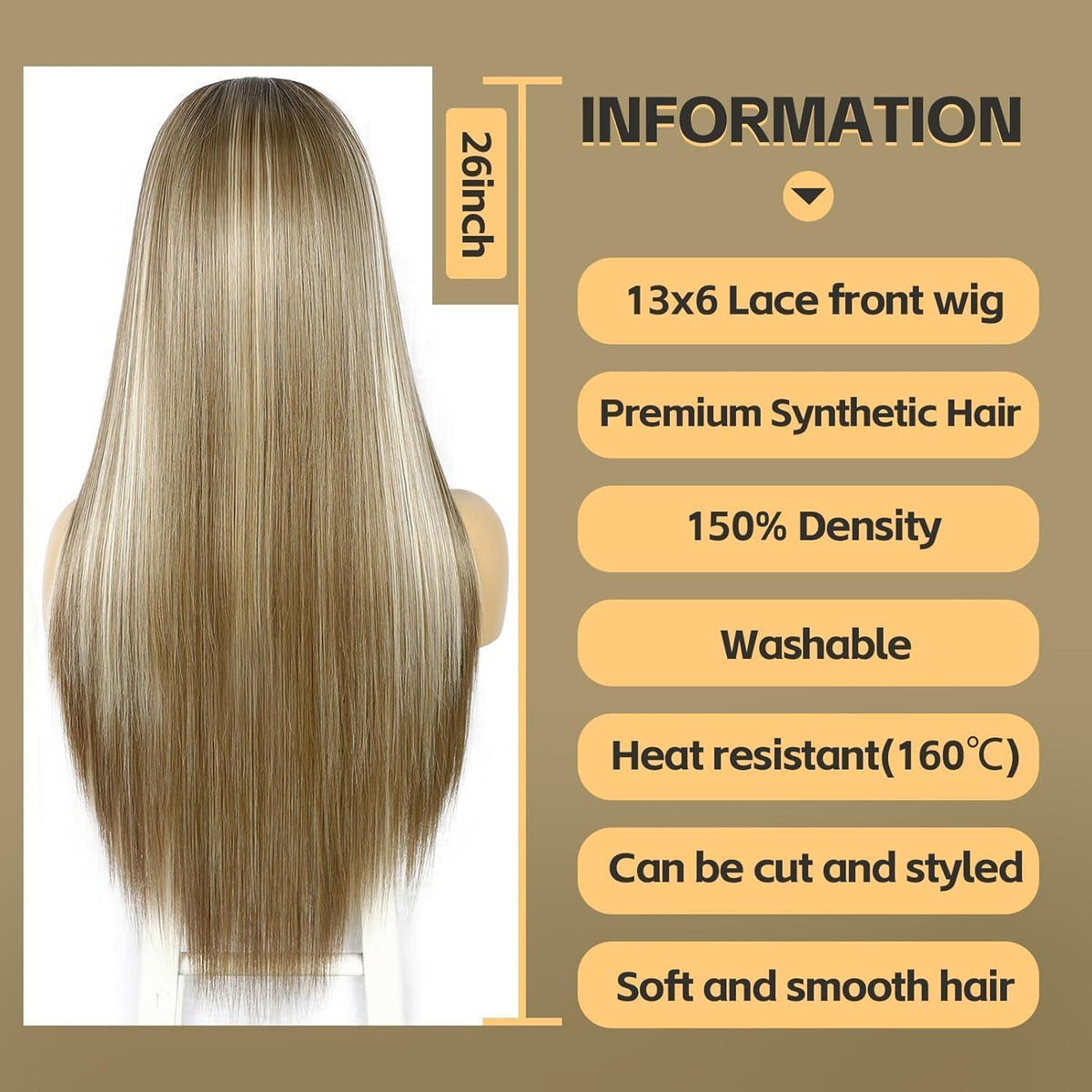 Braune Lange Gerade Perücke 13x6 Lace Front Synthetik 26 Zoll
