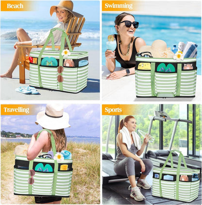 TEUEN Strandtasche Damen XXL Badetasche Wasserdicht Streifen Reißverschluss