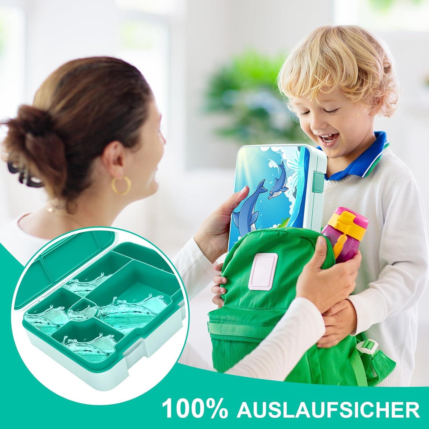 Auslaufsichere Brotdose mit Fächern, 1300ml Bento-Box für Kinder, Lunchbox Mikrowelle Spülmaschine Grün