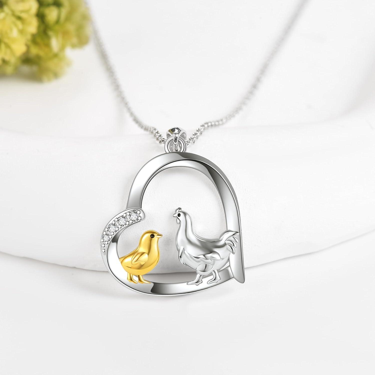 Huhn Mama Kind Halskette Sterling Silber Herz Anhänger