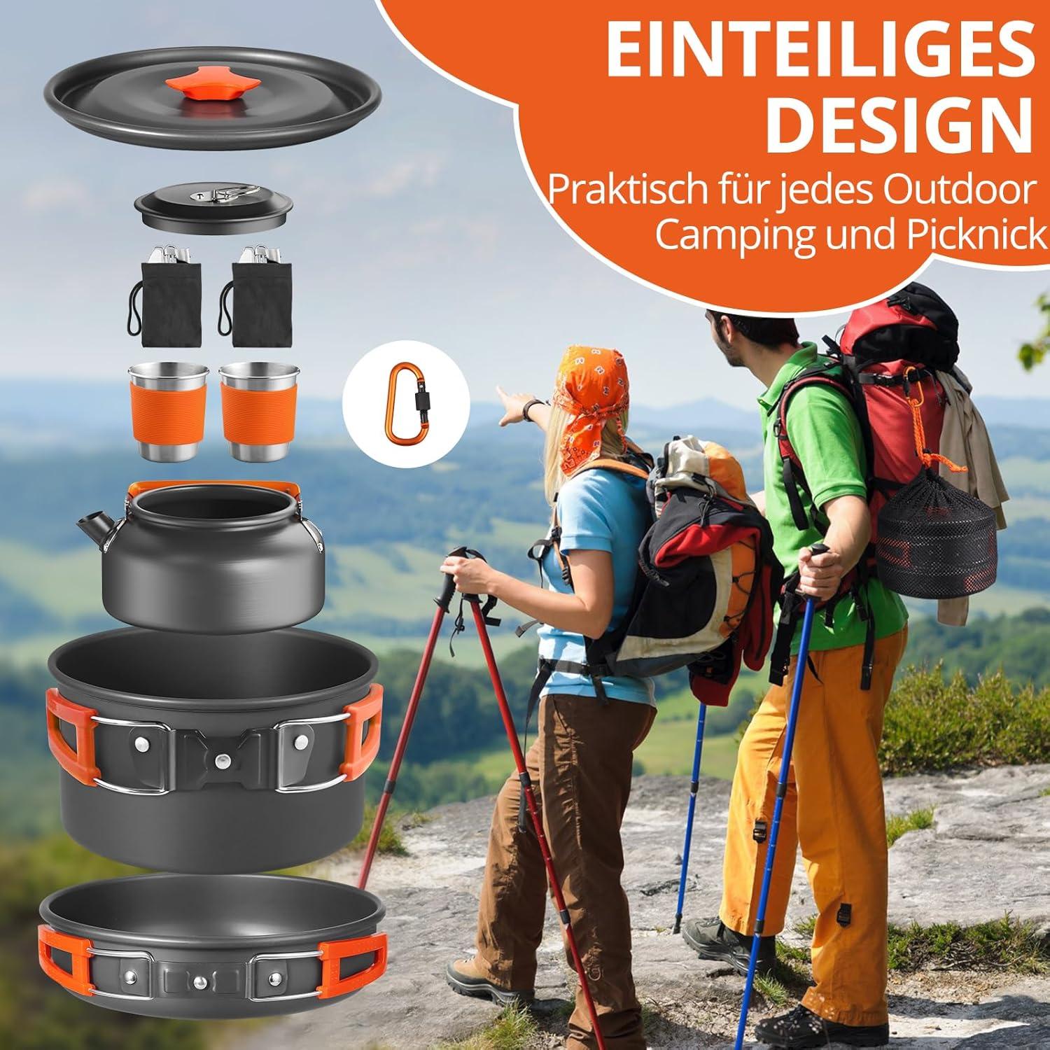 Funykich Camping Geschirr Set 17-teilig Aluminium Töpfe Becher Besteck Outdoor