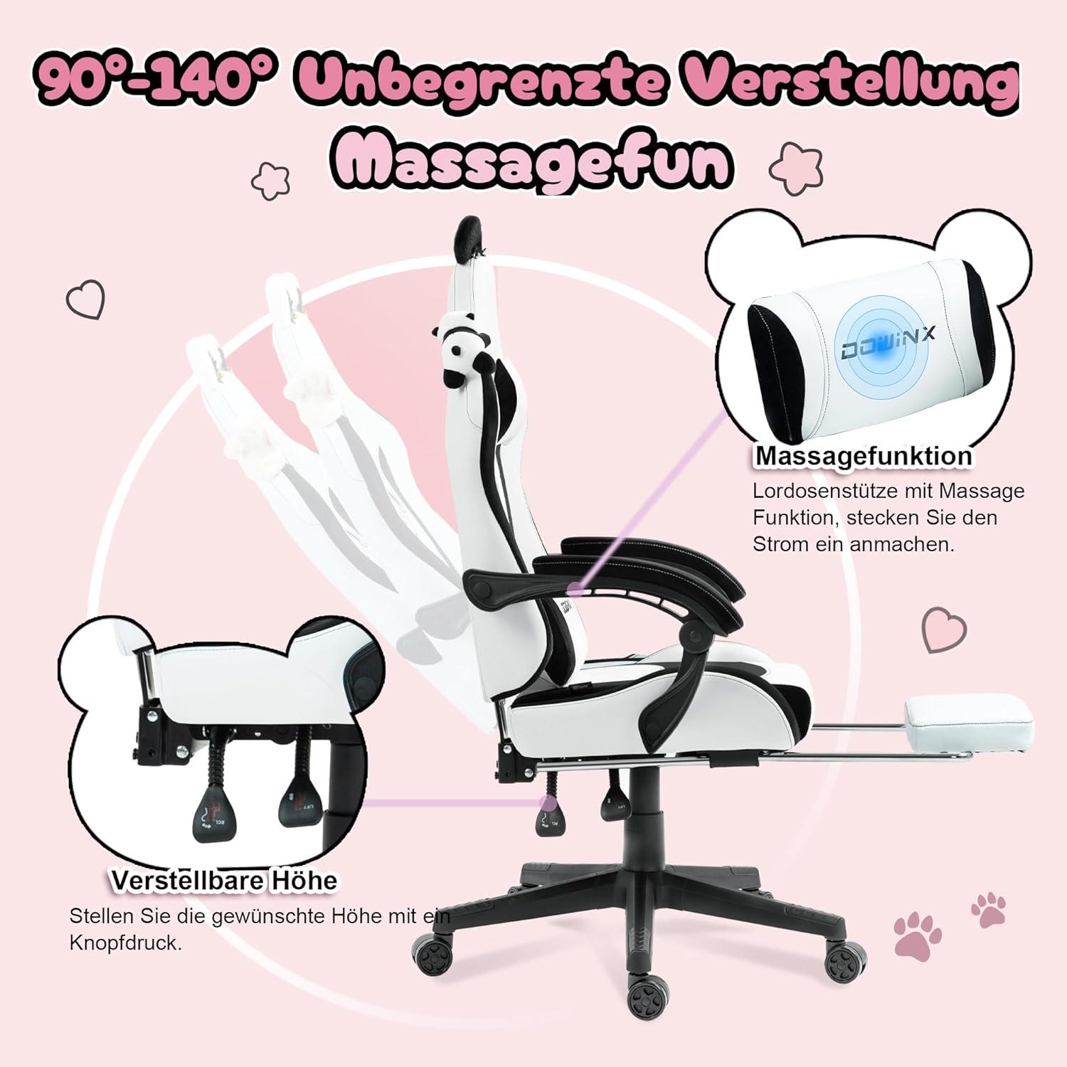 Ergonomischer Gaming Stuhl Panda Edition mit Lendenwirbelstütze und PU-Leder