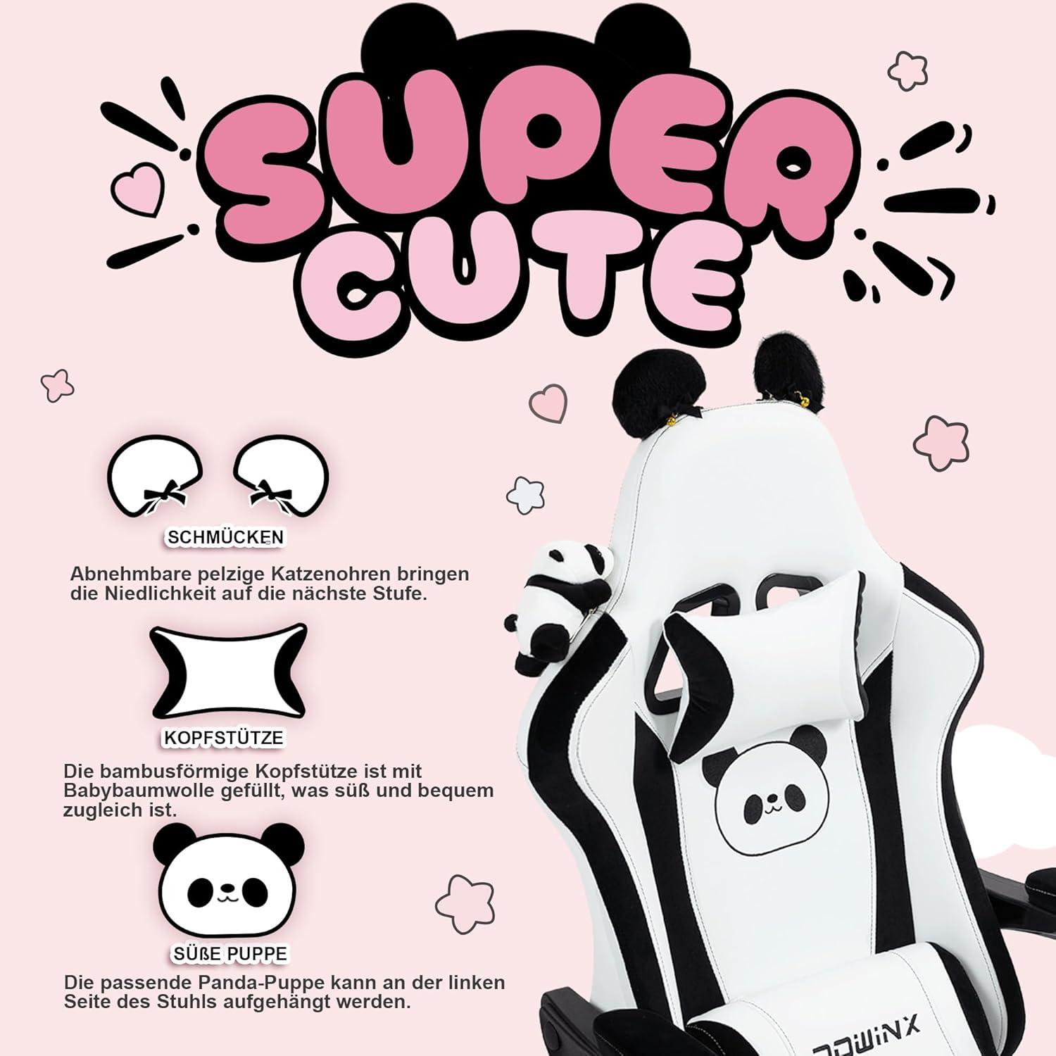 Ergonomischer Gaming Stuhl Panda Edition mit Lendenwirbelstütze und PU-Leder