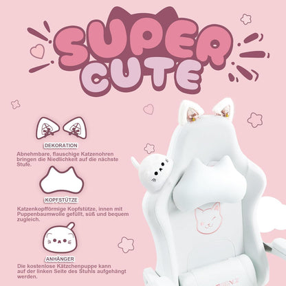 Dowinx Gaming Stuhl Weiße Katze Edition Ergonomischer Computerstuhl Lendenwirbelstütze PU-Leder Fußstütze Snow Weiß Kaninchen