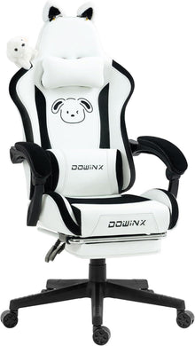 Ergonomischer Dowinx Gaming Stuhl mit Weißem Hund & Lendenwirbelstütze