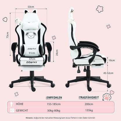 Ergonomischer Dowinx Gaming Stuhl mit Weißem Hund & Lendenwirbelstütze
