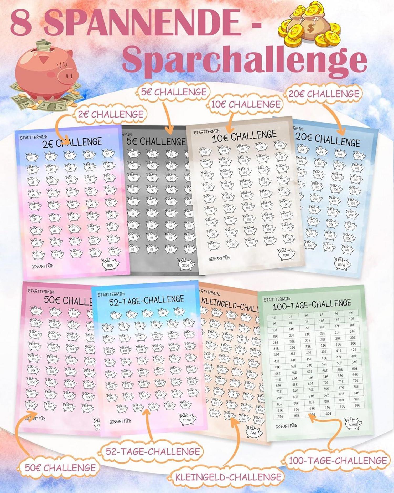 Sugeru 24pcs Budget Planner Deutsch Spar Challenge Zubehör 2€ 5€ 10€ 20€ 50€ Kleingeld 52 100 Tage 8 Farben Sparchallenges
