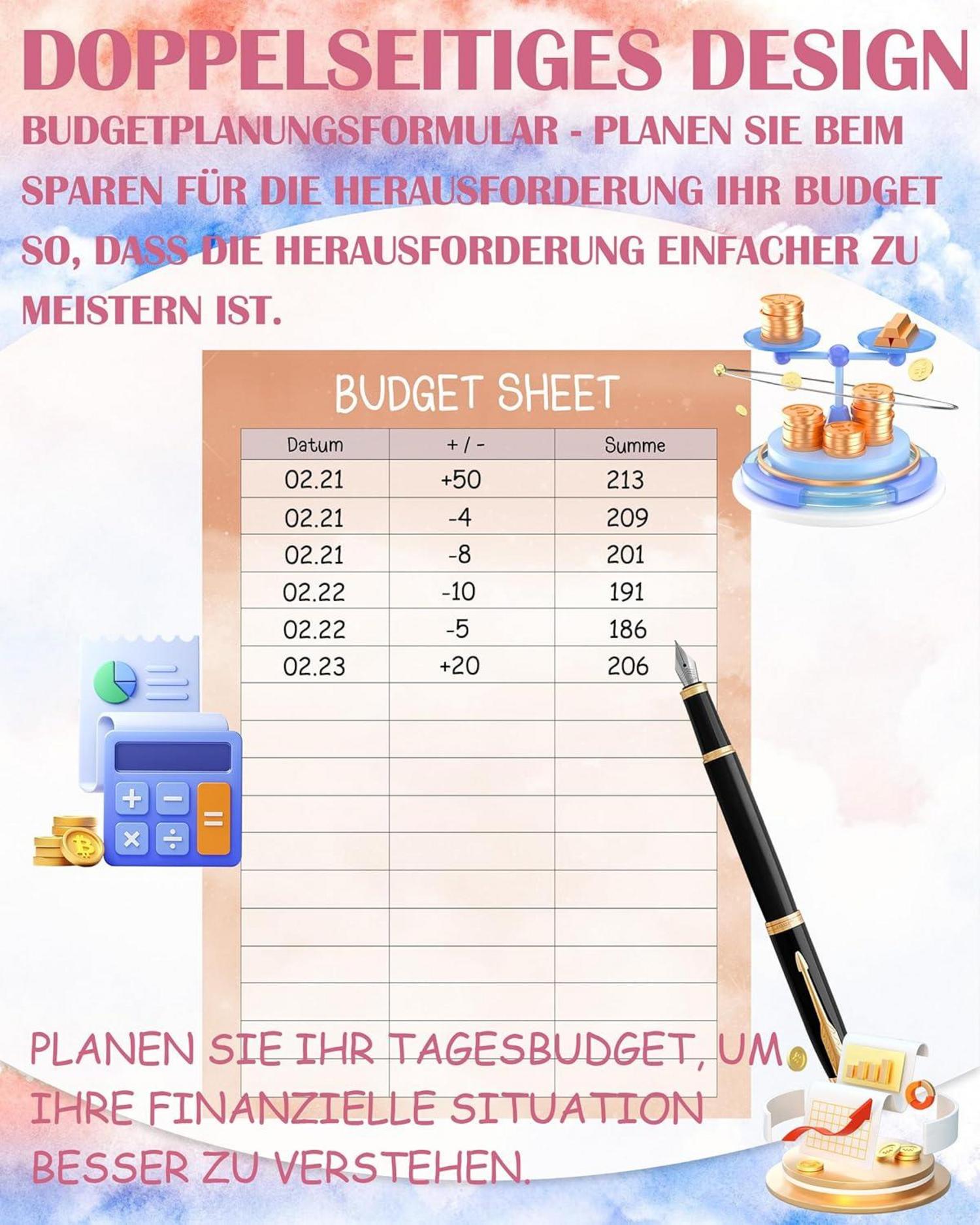 Budget Planner Deutsch-A6 Spar Challenge 24pcs inkl. Zubehör 8 Farben