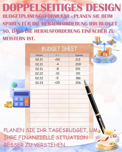 Budget Planner Deutsch-A6 Spar Challenge 24pcs inkl. Zubehör 8 Farben