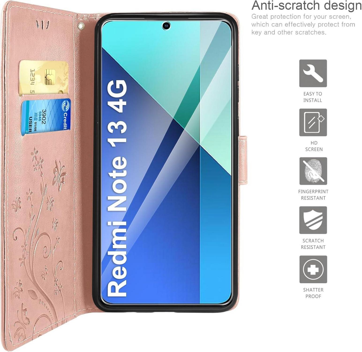 AROYI Xiaomi Redmi Note 13 4G Leder Wallet Hülle Roségold