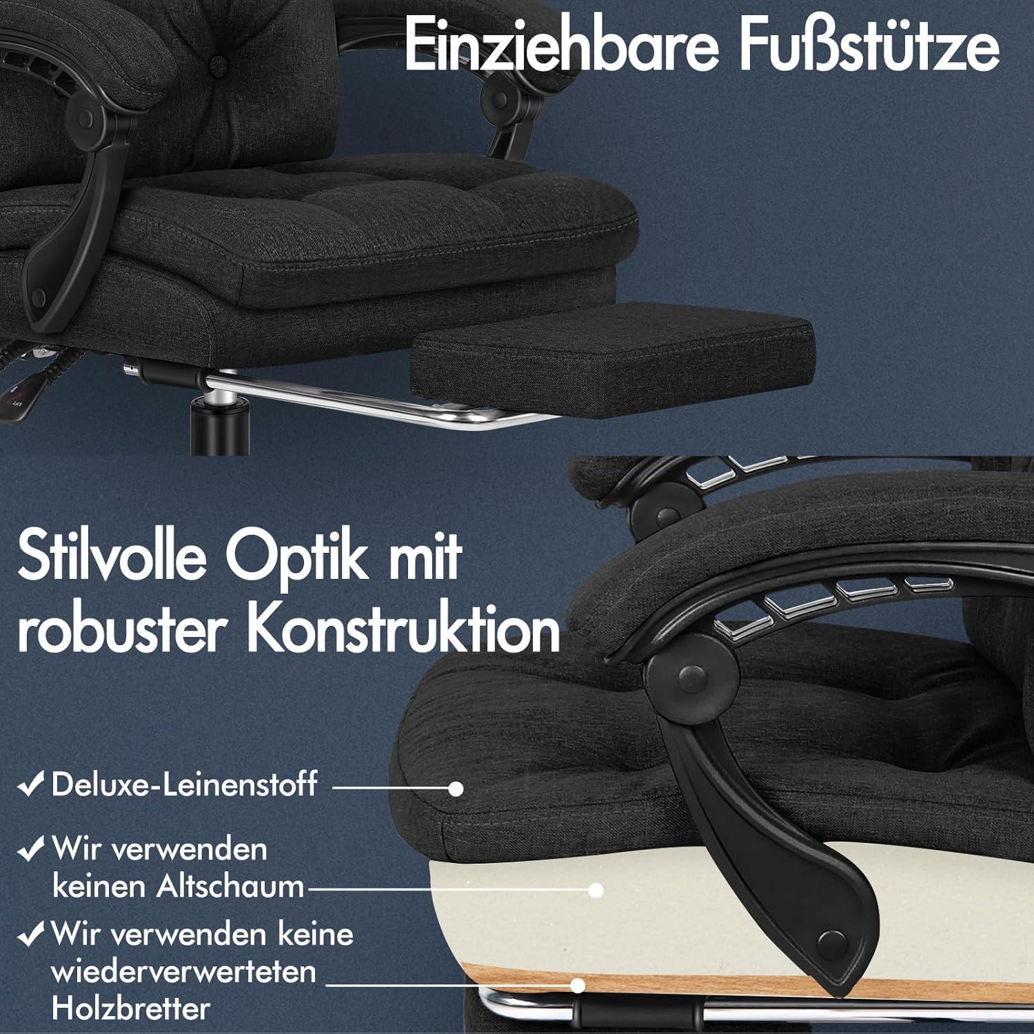 Ergonomischer Computer-Bürostuhl mit Fußstütze, Hohe Rückenlehne, 150° Neigbar, Stoff, Schwarz
