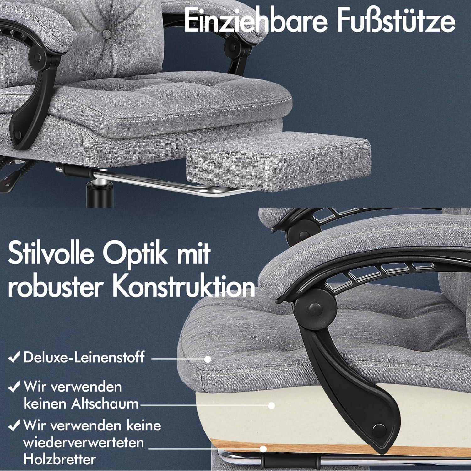 Alfordson Bürostuhl mit Fußstütze, Ergonomisch, 150° Neigbar, Grau