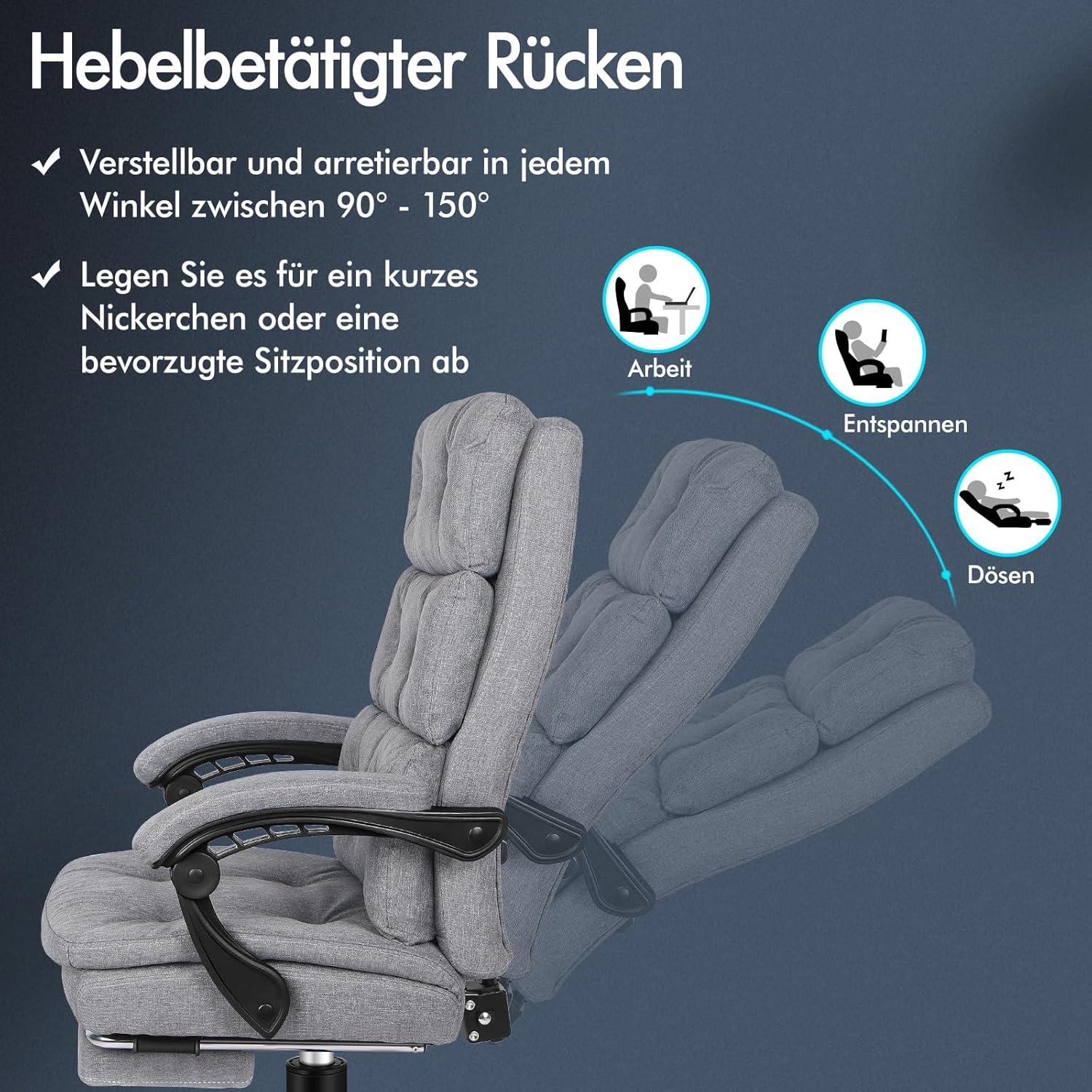 Ergonomischer Bürostuhl mit Fußstütze und hoher Rückenlehne in Grau