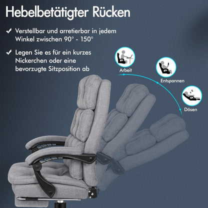 Ergonomischer Bürostuhl mit Fußstütze und hoher Rückenlehne in Grau