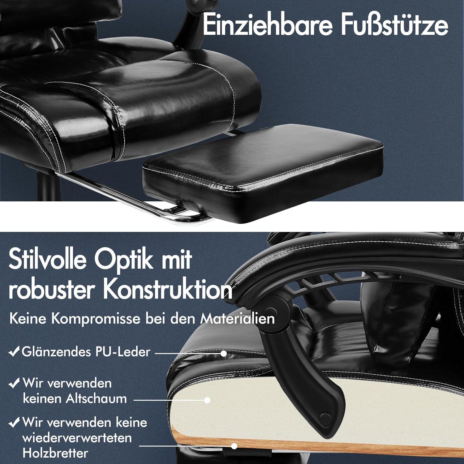 Ergonomischer Bürostuhl mit Fußstütze und hoher Rückenlehne PU-Leder Schwarz
