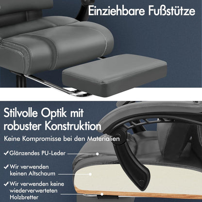 Alfordson Ergonomischer Bürostuhl mit Fußstütze 150°-Neigung Grau PU-Leder