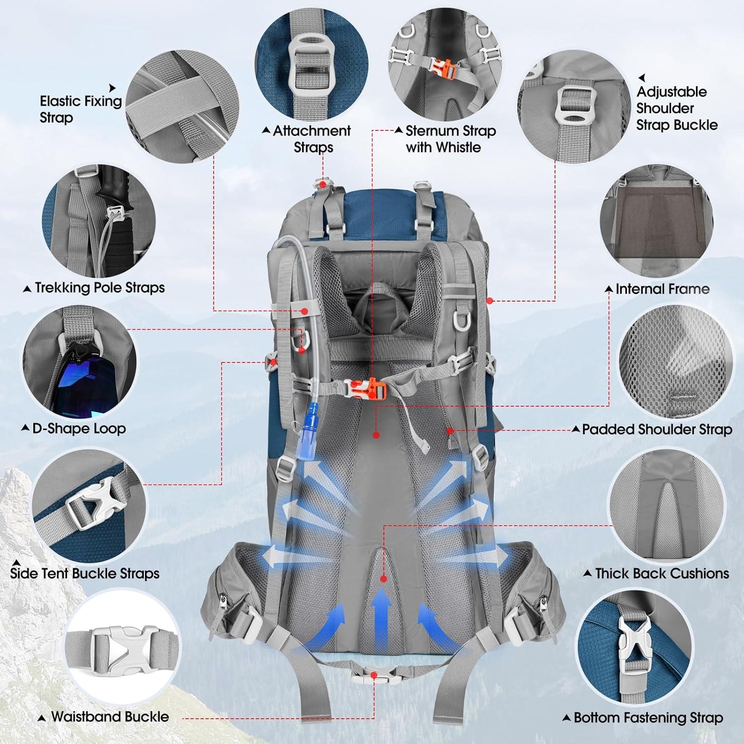 IGOLUMON Trekkingrucksack 60L blau mit Regenhülle