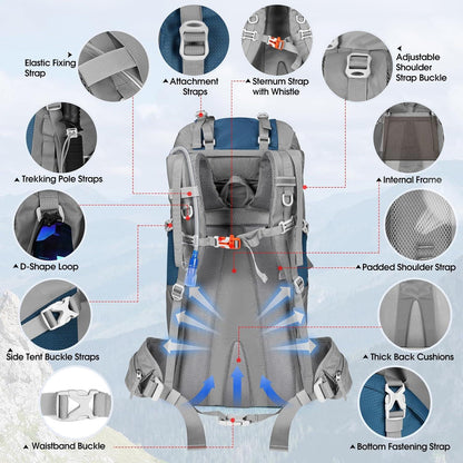 IGOLUMON Trekkingrucksack 60L blau mit Regenhülle