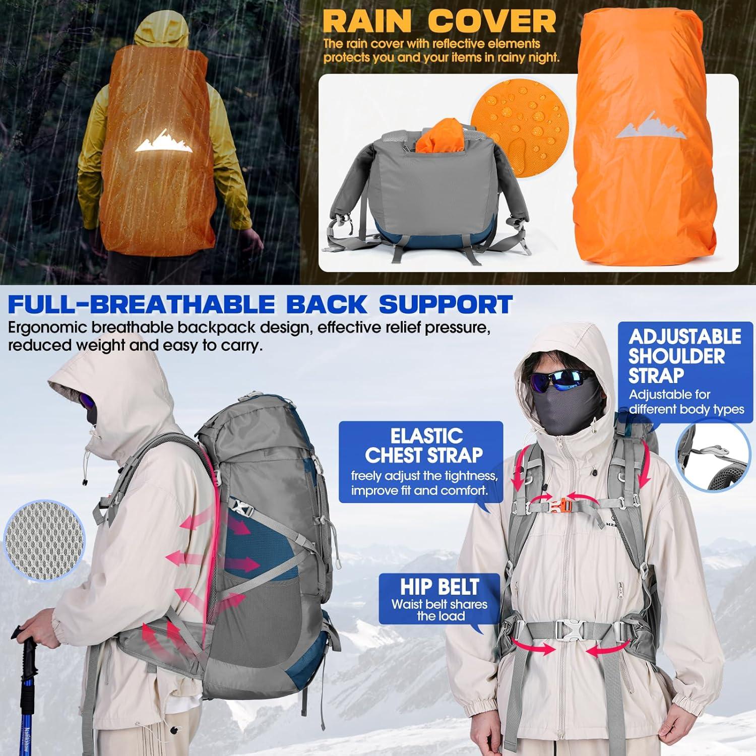 60L Trekkingrucksack Wanderrucksack Herren Damen Outdoor Blau mit Regenschutz