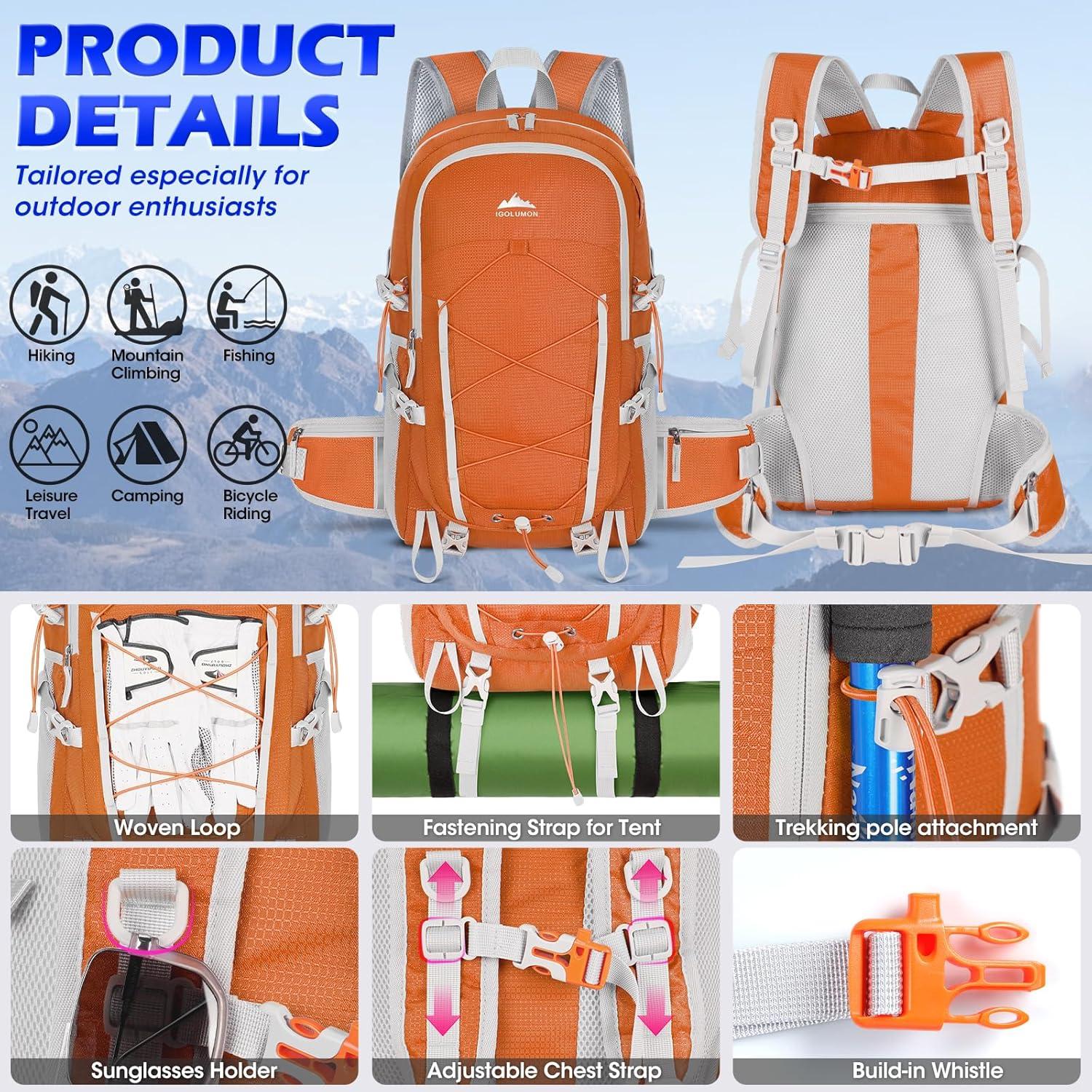 Wasserdichter Wanderrucksack 40L Leicht Faltbar Orange