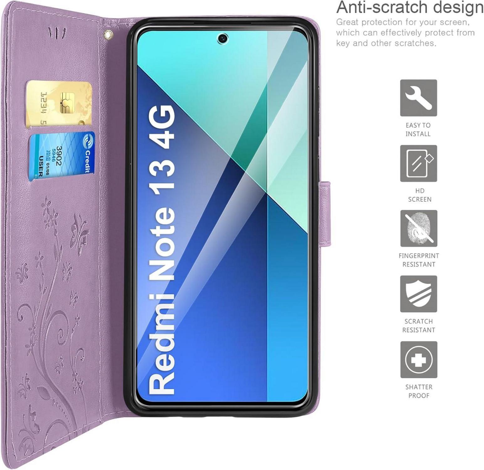 AROYI Xiaomi Redmi Note 13 4G Lederhülle mit Schutzfolie und Kartenfächern Lila