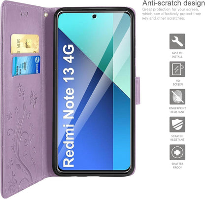 AROYI Xiaomi Redmi Note 13 4G Lederhülle mit Schutzfolie und Kartenfächern Lila