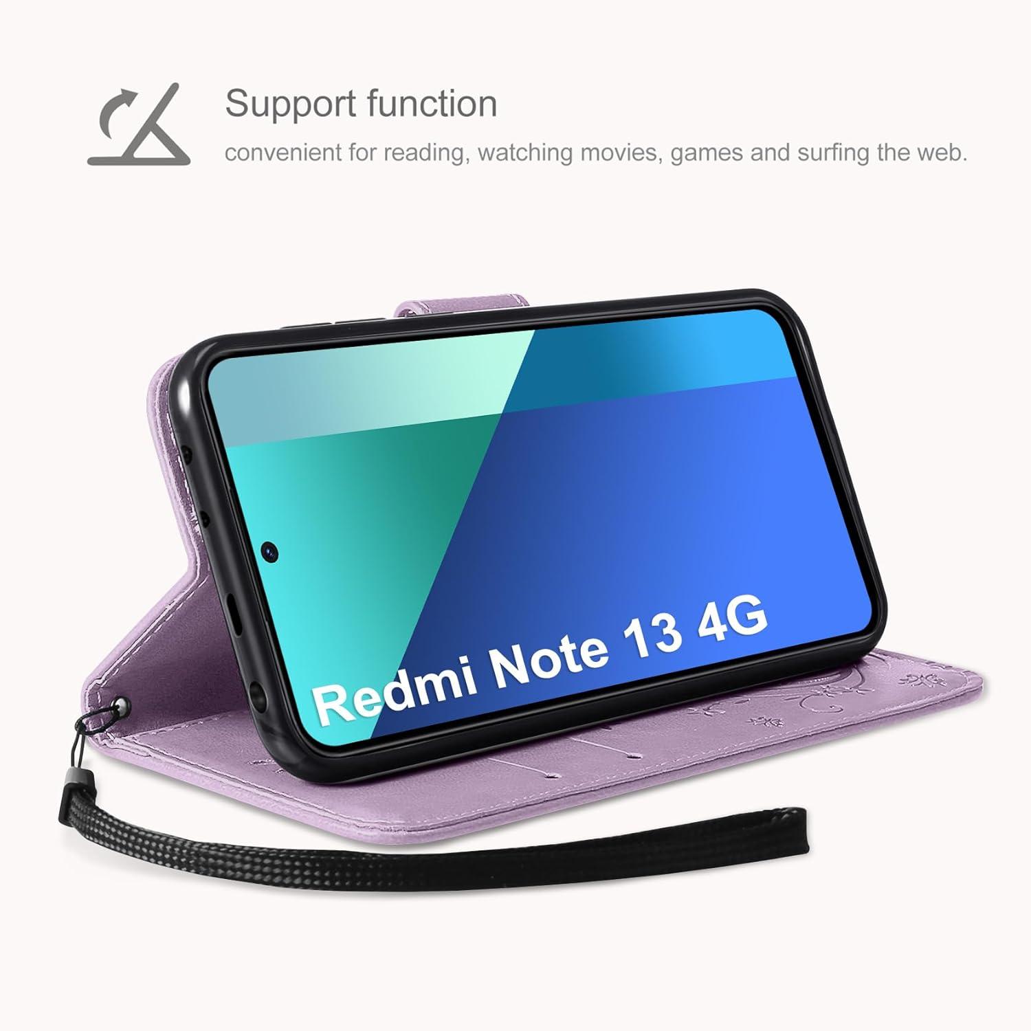 Xiaomi Redmi Note 13 4G Leder Wallet Hülle mit Schutzfolie in Lila