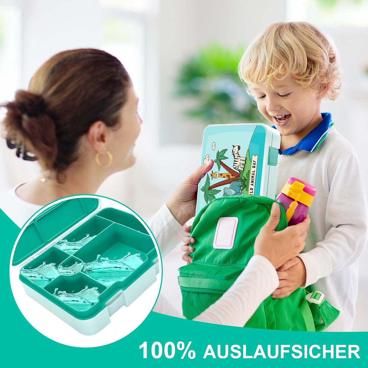 IJIAMY Brotdose Kinder mit Fächern Bento Box Auslaufsicher Lunchbox Jausenbox Mädchen Jungen Snackbox - Schule Kindergarten Ausflüge Mint Tiere