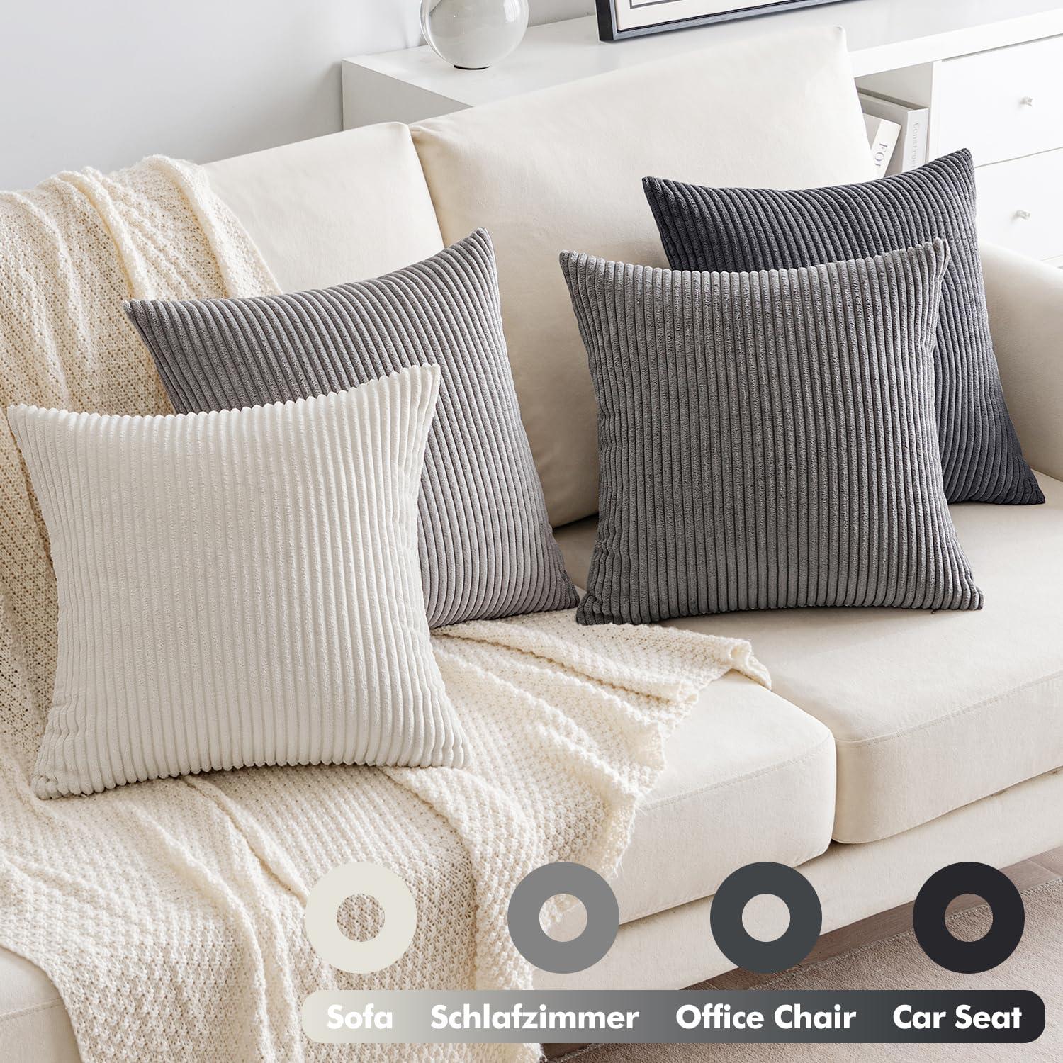 4er Set Kordsamt Kissenbezüge 50x50cm Deko Dunkelgrau Sofa