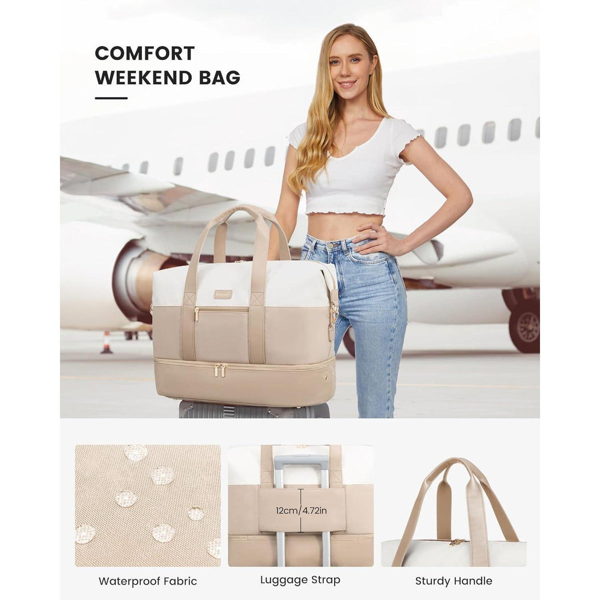 Große Reisetasche mit Schuhfach und Kulturtasche, Beige Khaki
