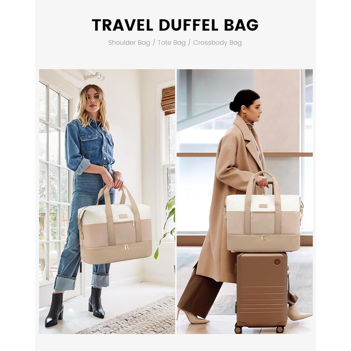 Große Reisetasche mit Schuhfach und Kulturtasche, Beige Khaki