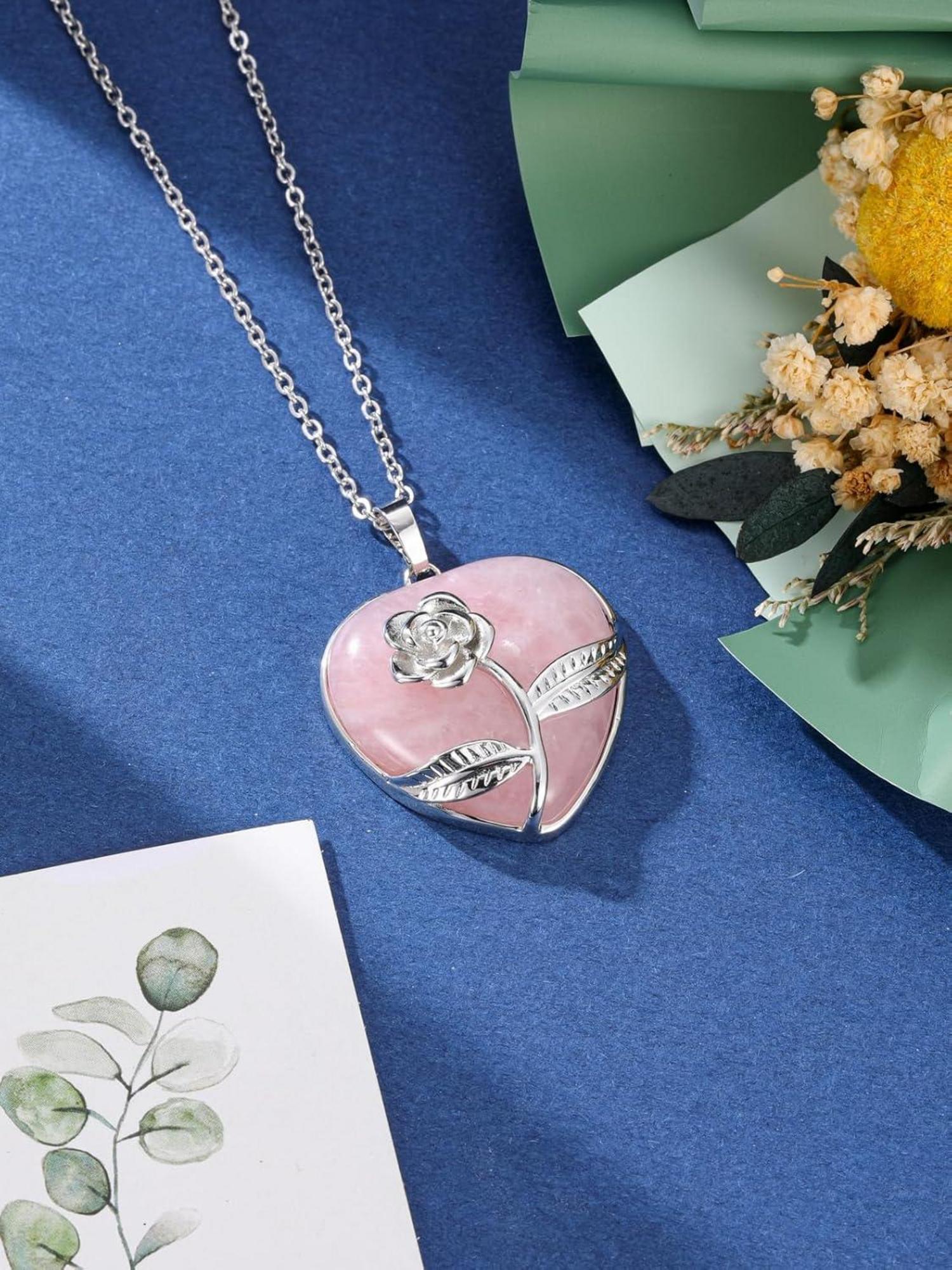 Herz Halskette Rosenquarz Silber Anhänger Kette Liebe Amulett