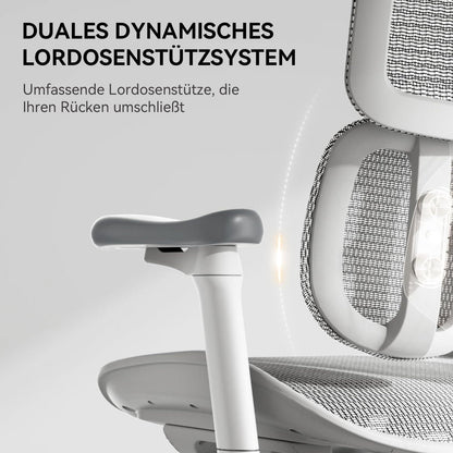 Ergonomischer Bürostuhl mit dualer Lordosenstütze und 4D-Armlehnen (Weiß)