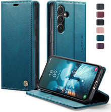 Leder Handyhülle Samsung Galaxy S24 Klapphülle Blau Standfunktion