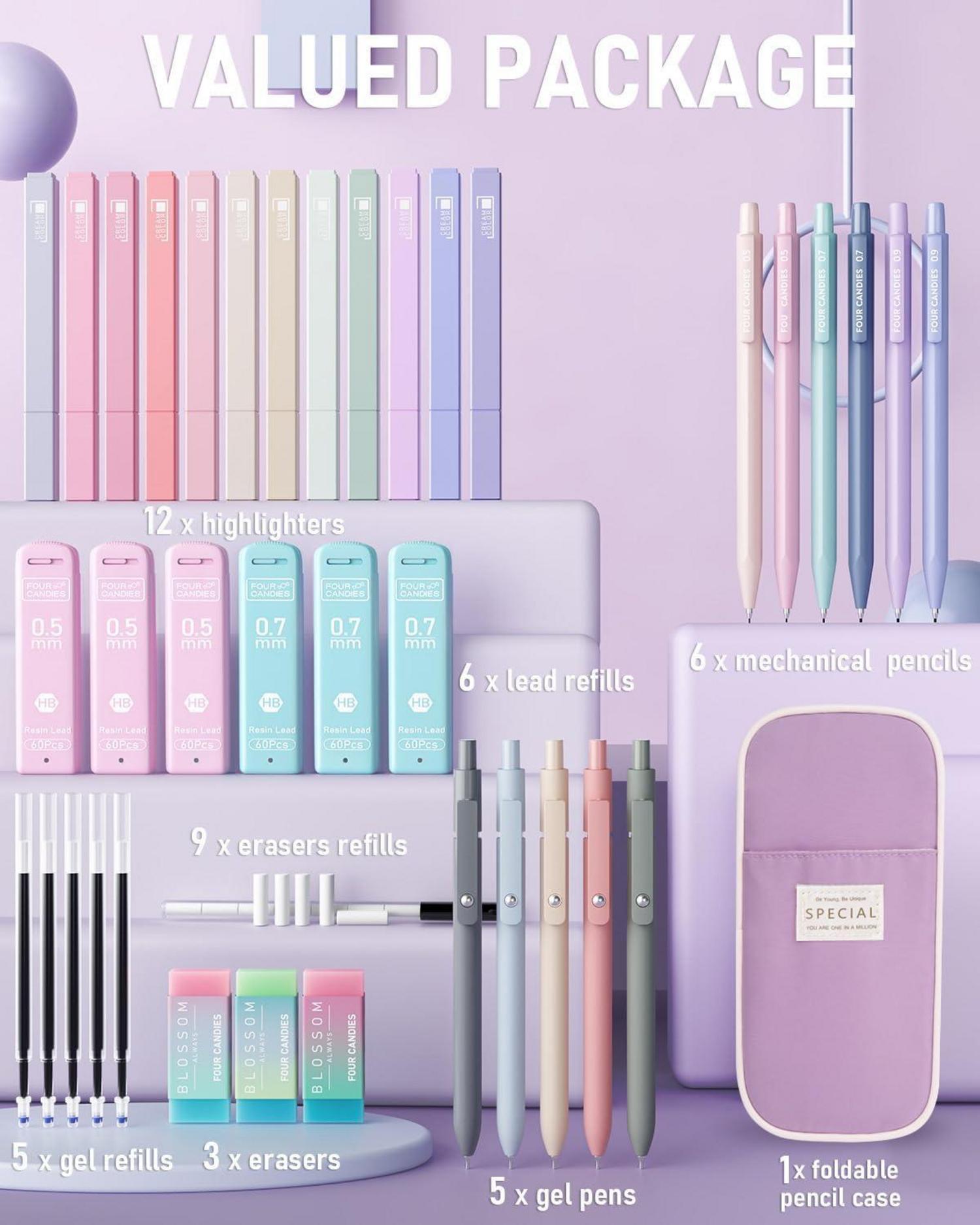 Pastell Textmarker Gelstifte Druckbleistift Set Mäppchen 39