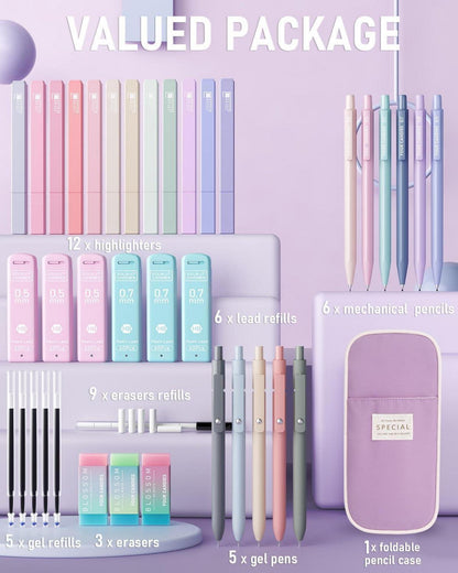 Pastell Textmarker Gelstifte Druckbleistift Set Mäppchen 39