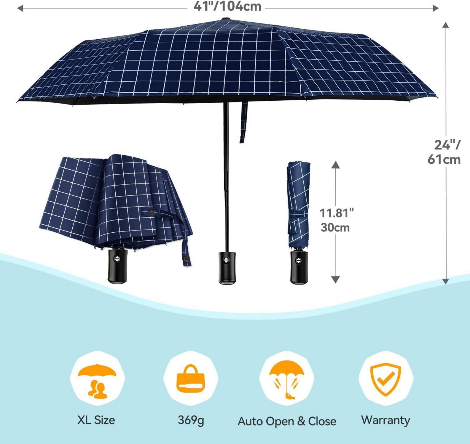 TechRise Sturmfester Regenschirm Automatik Taschenschirm Groß Blau Kariert