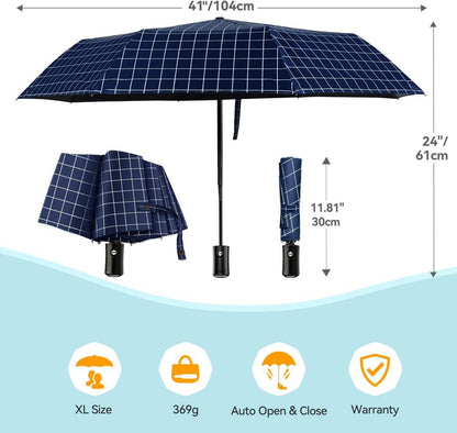 TechRise Sturmfester Regenschirm Automatik Taschenschirm Groß Blau Kariert