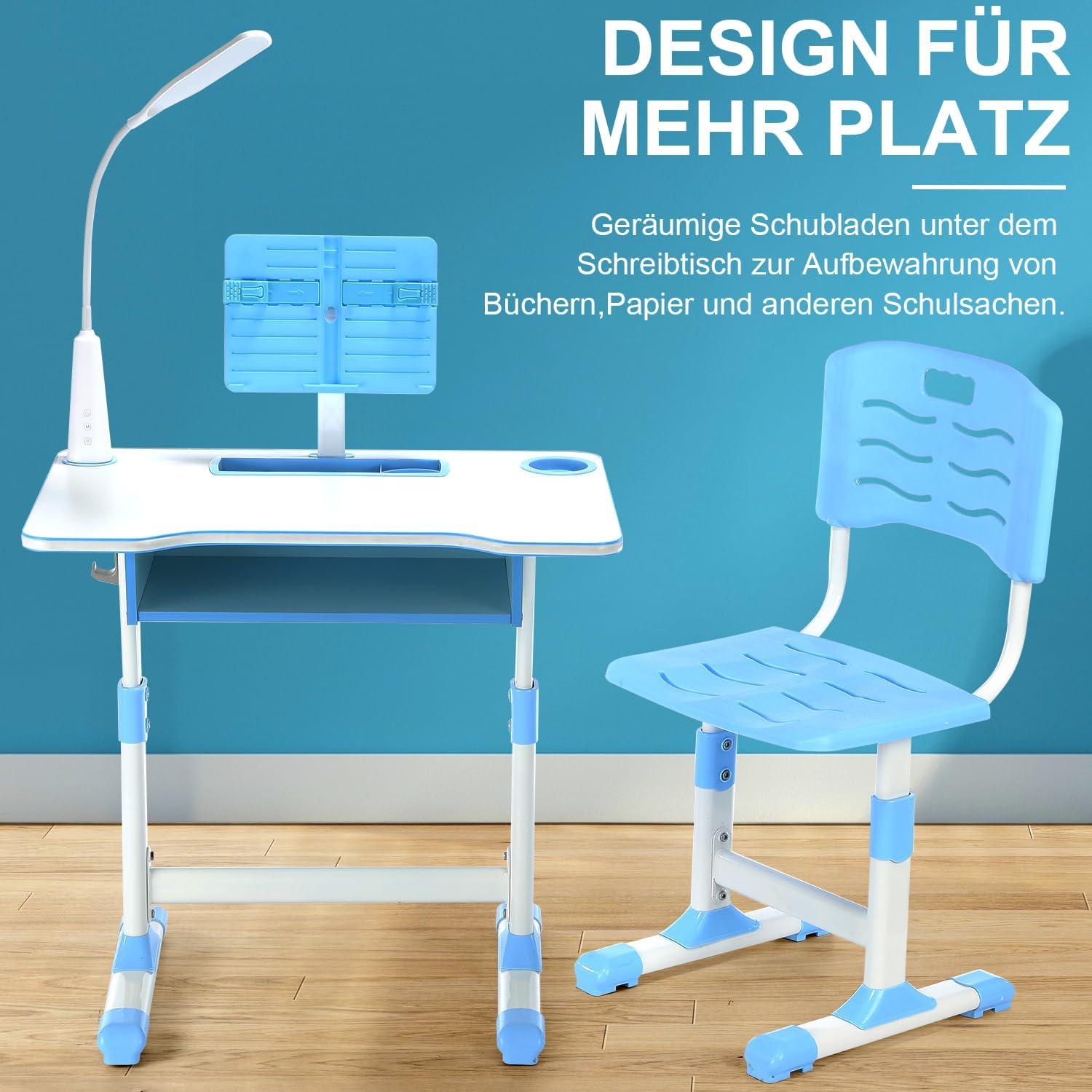 Höhenverstellbarer Kinderschreibtisch Set mit LED-Licht & Stuhl, Blau