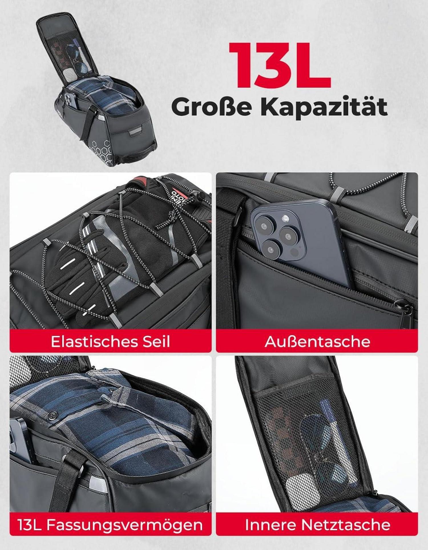 Fahrradtasche 13L wasserdicht mit Mehrfachfächern Tragegriff & Schultergurt